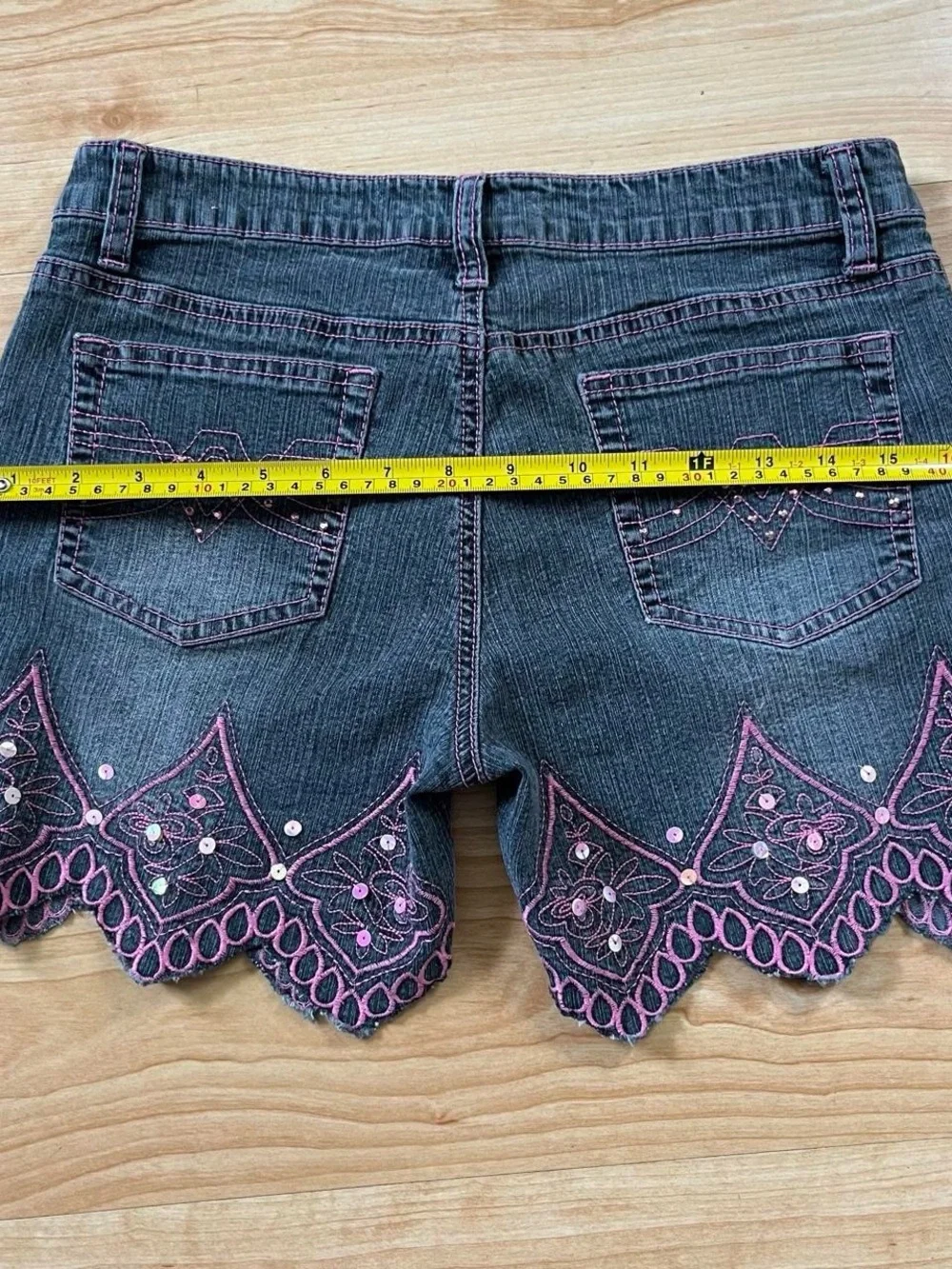 y2k fairy core denim shorts embroidered scallop hem and sequin details